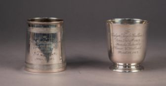 TWO SILVER CHRISTENING MUGS, both inscribed, one of footed form with scroll handle, London 1865,