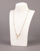 FINE BOX LINK CHAIN NECKLACE with scroll pattern front having a single pearl drop, marked ?585?, 3.8