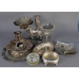 MIXED LOT OF ELECTROPLATE, to include: MODERN WMF PIERCED DISH, PAIR OF FLOWER VASES, TWO FLORAL