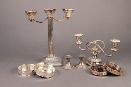 MIXED LOT OF ELECTROPLATE, comprising: THREE LIGHT CORINTHIAN CANDELABRA, with square base, 11 ½? (