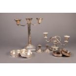 MIXED LOT OF ELECTROPLATE, comprising: THREE LIGHT CORINTHIAN CANDELABRA, with square base, 11 ½? (