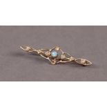 LATE VICTORIAN/EDWARDIAN UNMARKED GOLD BAR BROOCH, wing shaped, set with centre opal and seed