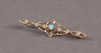 LATE VICTORIAN/EDWARDIAN UNMARKED GOLD BAR BROOCH, wing shaped, set with centre opal and seed