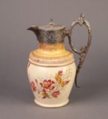 *LATE VICTORIAN FLORAL PRINTED BLUSH POTTERY HOT WATER JUG WITH ELECTROPLATED MOUNTS, 9? (22.9cm)