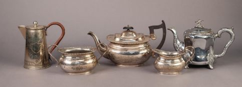 THREE PIECE ELECTROPLATED TEA SET, of rounded oblong form with black angular scroll handle and knop,