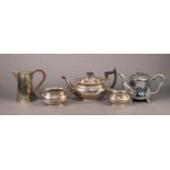 THREE PIECE ELECTROPLATED TEA SET, of rounded oblong form with black angular scroll handle and knop,