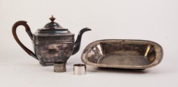 19th CENTURY PLATED ON COPPER TEAPOT in Regency taste with key fret and gadrooned borders wooden