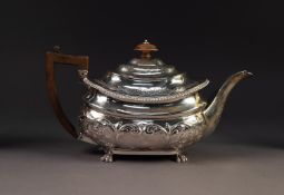 GEORGE III REPOUSSE SILVER TEAPOT BY REBECCA EMES AND EDWARD BARNARD, of rounded oblong form with