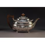 GEORGE III REPOUSSE SILVER TEAPOT BY REBECCA EMES AND EDWARD BARNARD, of rounded oblong form with