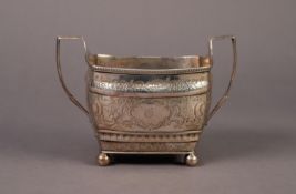 GEORGE III ENGRAVED SILVER TWO HANDLED LARGE SUGAR BASIN, of rounded oblong form with angular scroll