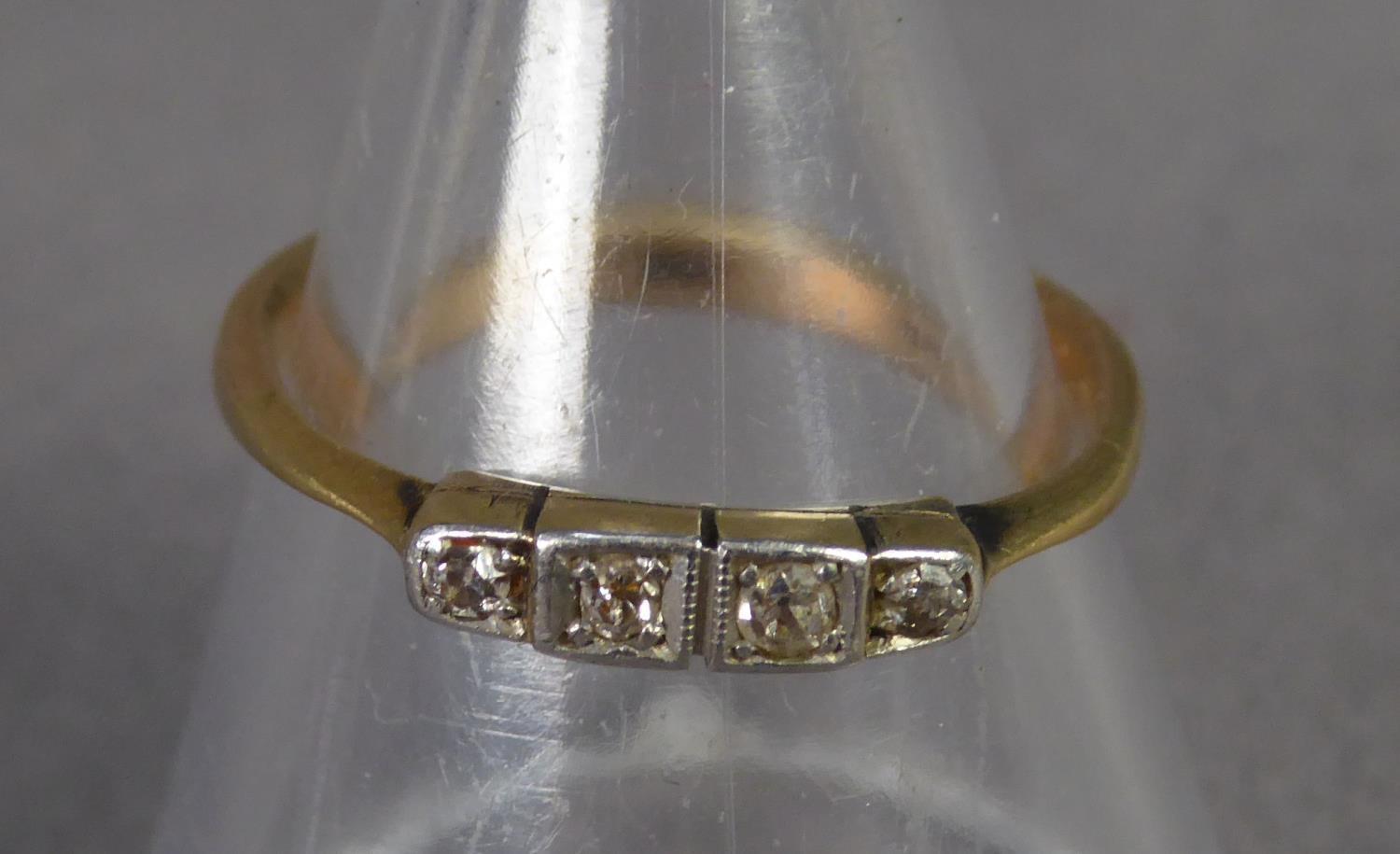 18ct GOLD RING with four tiny diamonds, in square setting, ring size J/K, 2 gms - Image 2 of 2