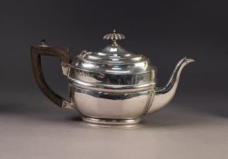 EDWARD VII BACHELOR?S SILVER TEAPOT, of oval form with moulded girdle, black angular scroll handle