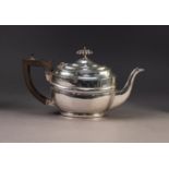 EDWARD VII BACHELOR?S SILVER TEAPOT, of oval form with moulded girdle, black angular scroll handle