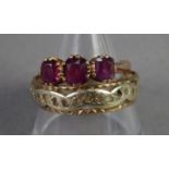 9ct GOLD RING set with three oval amethysts and a 9ct GOLD ETERNITY RING set with tiny white stones,
