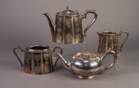 THREE PIECE ELECTROPLATED TEA SET, of oval, tapering form with angular scroll handles and beaded