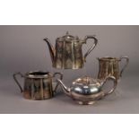 THREE PIECE ELECTROPLATED TEA SET, of oval, tapering form with angular scroll handles and beaded