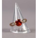 9ct GOLD RING set with a solitaire red stone and 3 tiny diamonds to each shoulder, ring size R, 3