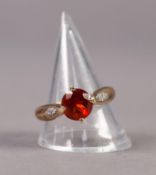 9ct GOLD RING set with a solitaire red stone and 3 tiny diamonds to each shoulder, ring size R, 3