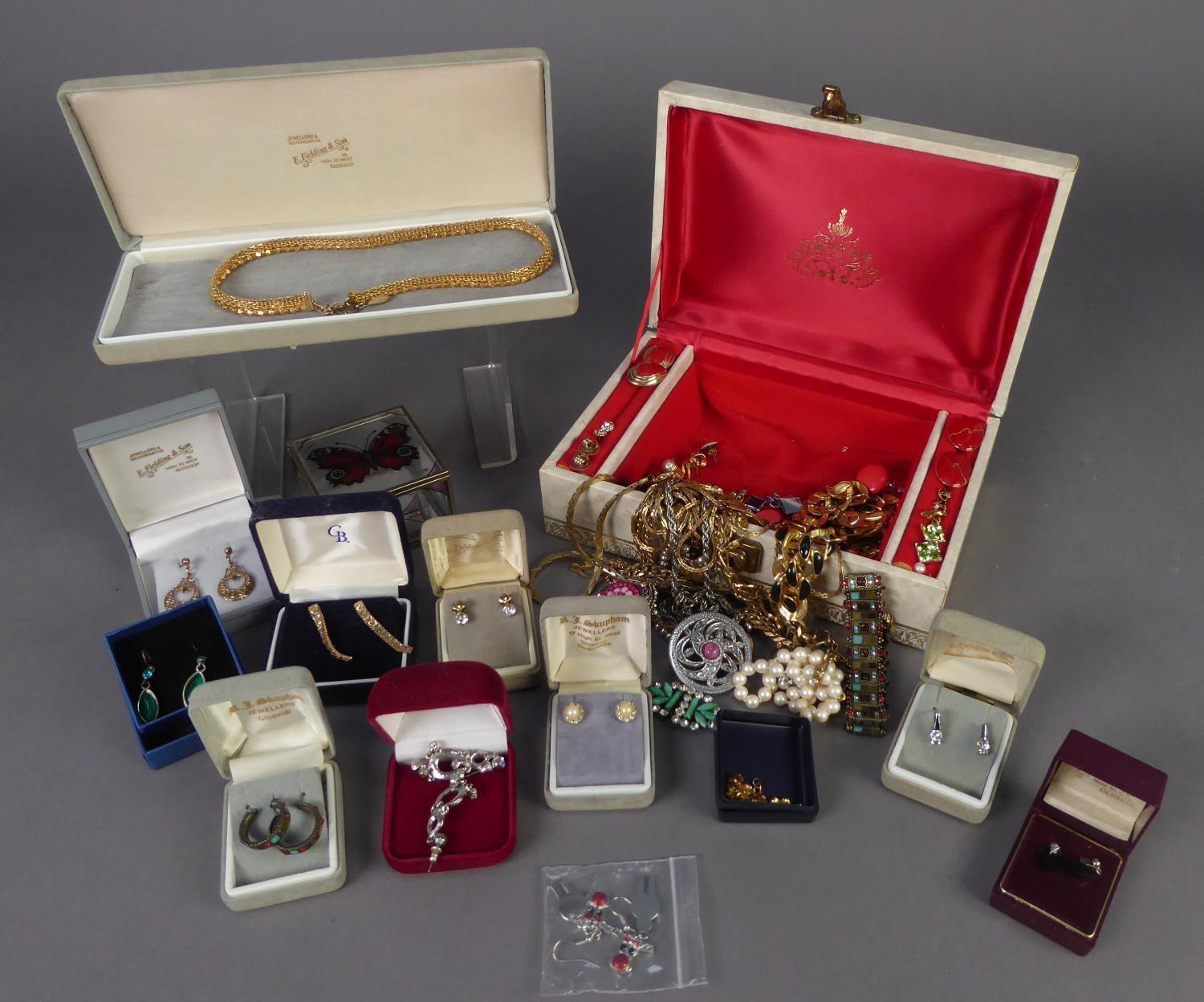 COSTUME JEWELLERY including earrings, many individually boxed, the CONTENTS OF A JEWELLERY CASE plus