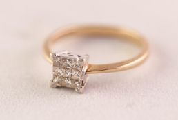 9ct GOLD AND DIAMOND SQUARE CLUSTER RING, set with nine small princess cut diamonds, 2gms, ring size