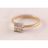 9ct GOLD AND DIAMOND SQUARE CLUSTER RING, set with nine small princess cut diamonds, 2gms, ring size
