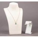 9ct GOLD FINE CHAIN NECKLACE with small PENDANT set with a tear shaped green stone and the PAIR OF