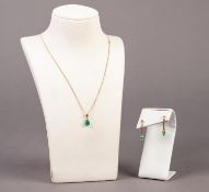 9ct GOLD FINE CHAIN NECKLACE with small PENDANT set with a tear shaped green stone and the PAIR OF