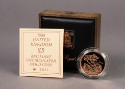 ROYAL MINT CASED AND ENCAPSULATED ELIZABETH II BRILLIANT UNCIRCULATED £5 GOLD COIN 1988 (VF) in