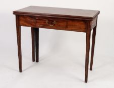 LATE GEORGIAN MAHOGANY TEA TABLE, the moulded oblong, fold-over top, set above a cockbeaded frieze