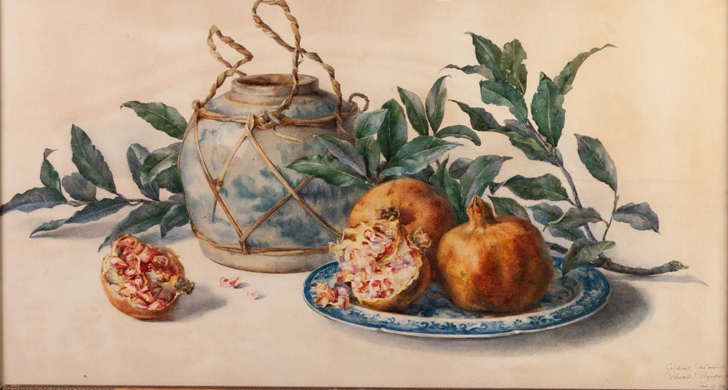 BRITISH SCHOOL (Late Nineteenth Century)WATERCOLOUR Still life of pomegranates, a stoneware ginger