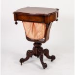 MID VICTORIAN FIGURED WALNUT LADY?S PEDESTAL WORK TABLE, the shaped oval top set above a