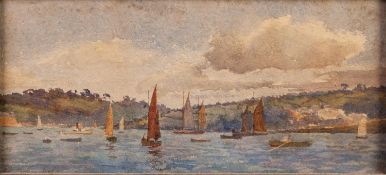 JOHN E DOWNING (1859 - 1932) WATERCOLOUR DRAWING 'Flushing from Falmouth', estuary scene busy with