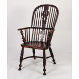 MID NINETEENTH CENTURY DARK STAINED ELM AND ASH HIGH BACK WINDSOR OPEN ARMCHAIR, of typical form