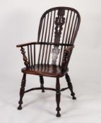 MID NINETEENTH CENTURY DARK STAINED ELM AND ASH HIGH BACK WINDSOR OPEN ARMCHAIR, of typical form