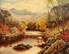 C. E. JACKSON PAIR OF OIL PAINTINGS ON ARTISTS BOARD Mountainous landscapes with river, cattle and