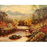 C. E. JACKSON PAIR OF OIL PAINTINGS ON ARTISTS BOARD Mountainous landscapes with river, cattle and