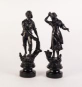 PAIR OF EARLY 20th CENTURY CONTINENTAL BRONZED SPELTER FIGURE OF A WOMAN CARRYING A SHRIMPING NET