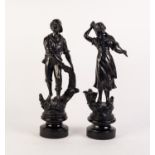 PAIR OF EARLY 20th CENTURY CONTINENTAL BRONZED SPELTER FIGURE OF A WOMAN CARRYING A SHRIMPING NET