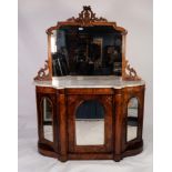 VICTORIAN MARQUETRY INLAID FIGURED WALNUT CHIFFONIER WITH WHITE VEINED MARBLE TOP, the shaped to