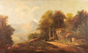 UNATTRIBUTED (NINETEENTH CENTURY) OIL PAINTING ON CANVAS Extensive mountainous landscape with figure