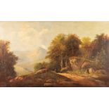 UNATTRIBUTED (NINETEENTH CENTURY) OIL PAINTING ON CANVAS Extensive mountainous landscape with figure