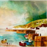 KEITH ATHAY (TWENTIETH/ TWENTY FIRST CENTURY) MIXED MEDIA ON CANVAS ?Harbour Boats I? Signed, titled