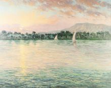 RICHARD WOOD OIL PAINTING ON CANVAS 'Sunset at Luxor' Signed lower right and signed, titled and