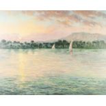 RICHARD WOOD OIL PAINTING ON CANVAS 'Sunset at Luxor' Signed lower right and signed, titled and