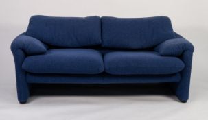 VICO MAGISTRETTI FOR CASSINA, MARALUNGA TWO SEATER SOFA, covered in blue fabric, 28? (71cm) high,