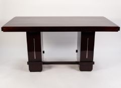 A FRENCH ART DECO STYLE DINING TABLE the length extending means of pull-out receivers at each end