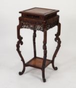 JAPANESE MEIJI PERIOD CARVED AND PIERCED HARDWOOD JARDINIÈRE STAND, the square top with panelled