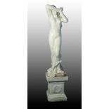 WHITE PAINTED COMPOSITION STONE SEMI NUDE FEMALE FIGURE, modelled standing with hands clasped