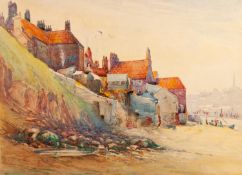 EARLY 20th CENTURY ENGLISH SCHOOL WATERCOLOUR DRAWING Coastal town with buildings in foreground at