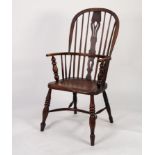 MID NINETEENTH CENTURY ELM AND ASH HIGH BACK WINDSOR OPEN ARMCHAIR, of typical form with pierced